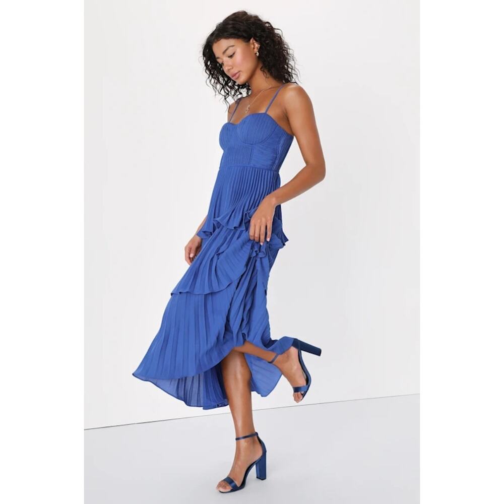 NWT Lulus Cascading Crush Cobalt Blue Tiered Bustier Midi Dress Gala Banquet XS